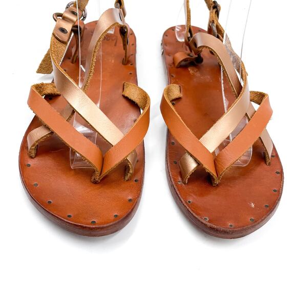 Beek Sparrow Flat Sandals Rose Gold Strappy Brown Leather Slip On Open Toe Sz 9 - Picture 5 of 12